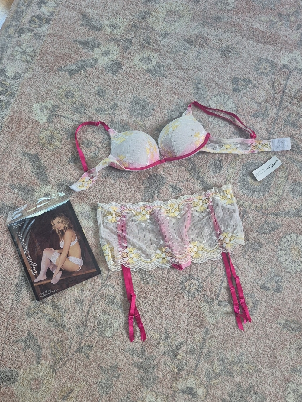 White Lace Push-Up Bra & Garter Belt with Pink Trim and Yellow Embroidery